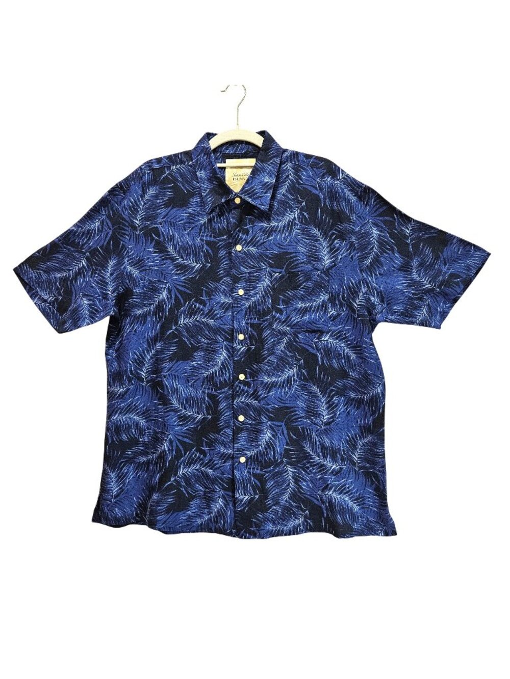Tasso Elba shirt Mens L Blue palm leaf breathable silk linen beachy tropical